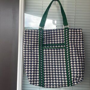 Cream and Navy Houndstooth Tote with Emerald Green